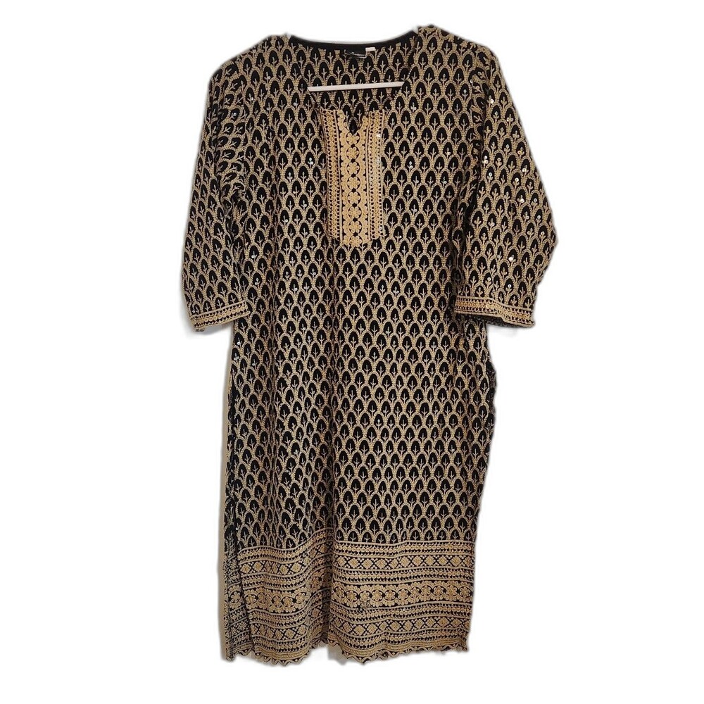 Blossom Casuals Black with Gold Embroidery Kurta with 3/4 Sleeves, Sequins, XL